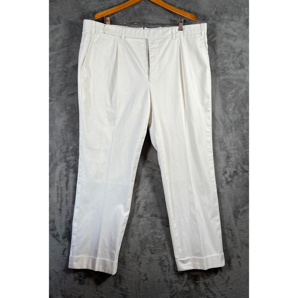 LUXIRE Chino Pants Mens 40x30.5 White Pleated Cuffed Cotton Blend Trousers